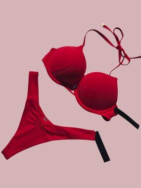 Victoria's Secret Swim Bombshell Push Up Top Thong Set Red NWT adds + 2 cups